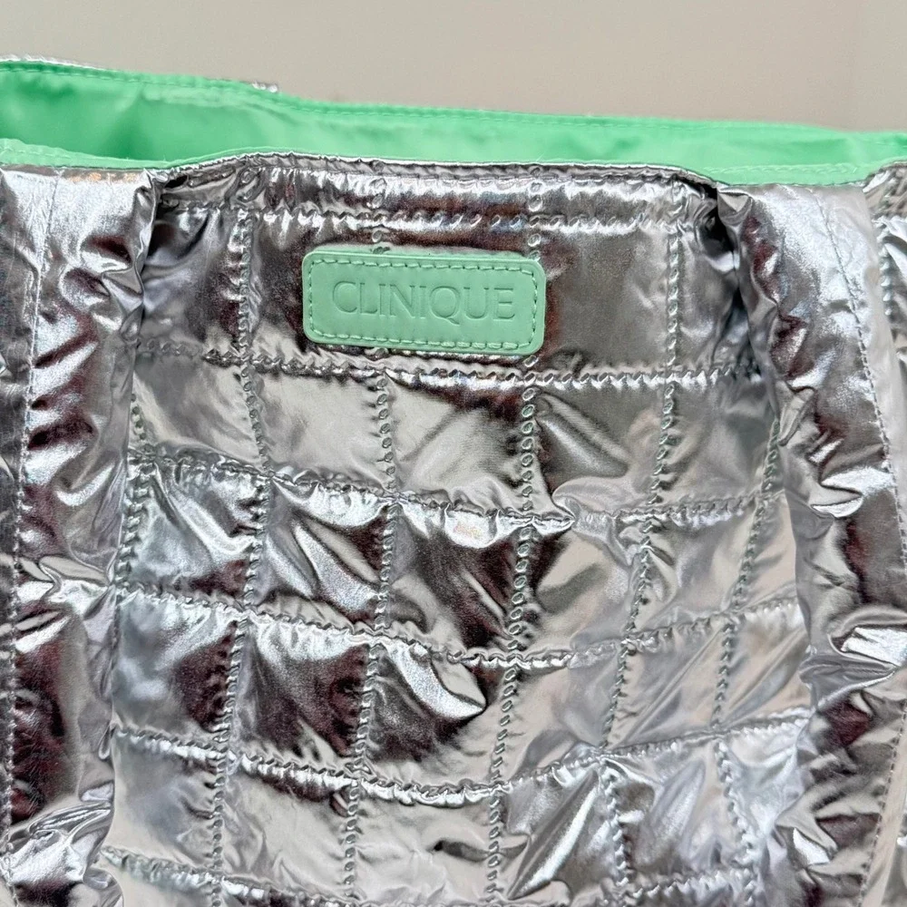 Clinique Silver Quilted Tote Bag Metallic Green Lining Shopper Makeup Puffer